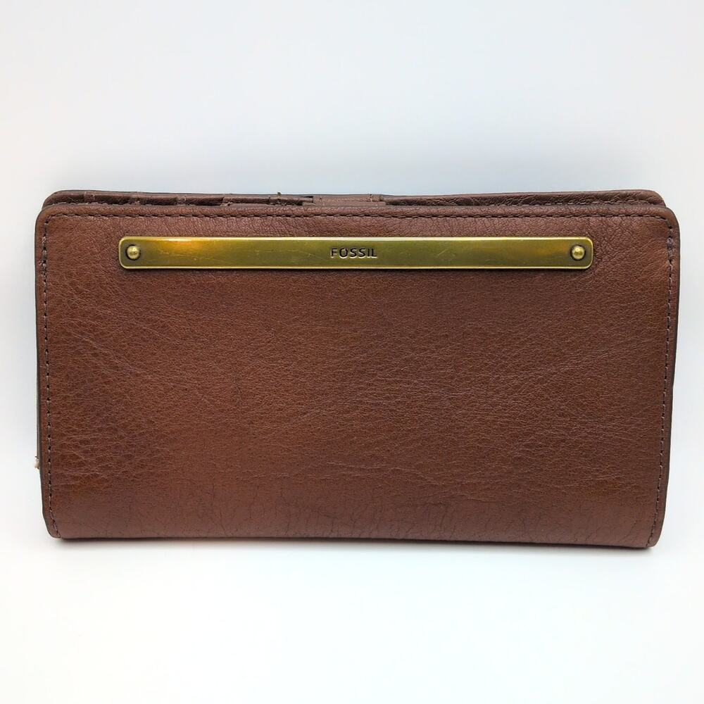 Fossil Liza Slim Bifold Ladies Wallet Brown Cowhide Leather Brass Plate 6.75"
